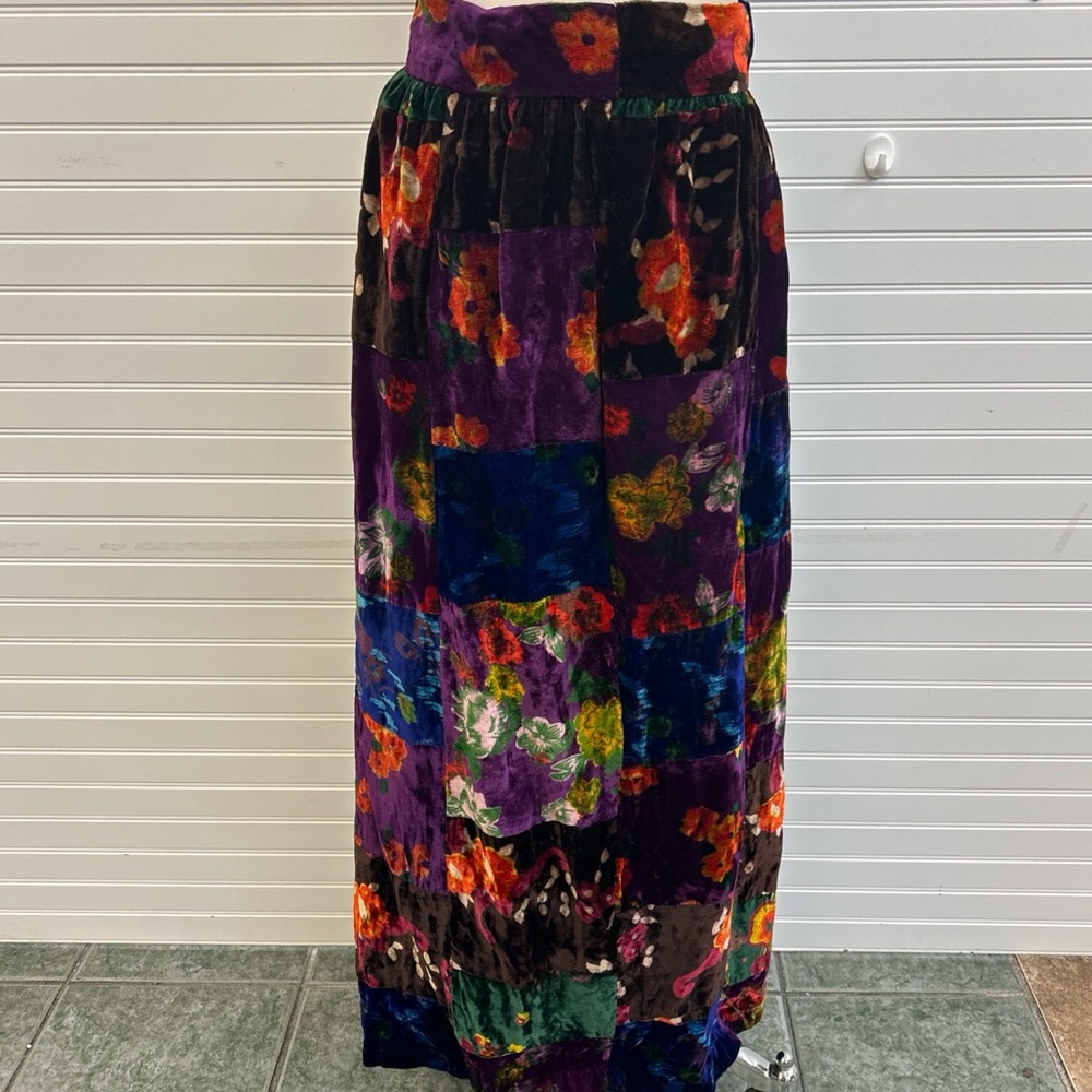 Vintage Loomtogs Patchwork Velvet Maxi Skirt Floral Boho 70s High Waist